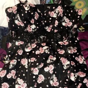 Pink and black floral and skull print dress